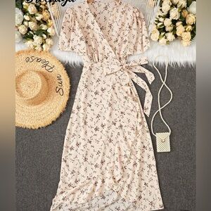 SHEIN Cream Midi Dress with Red Floral Design